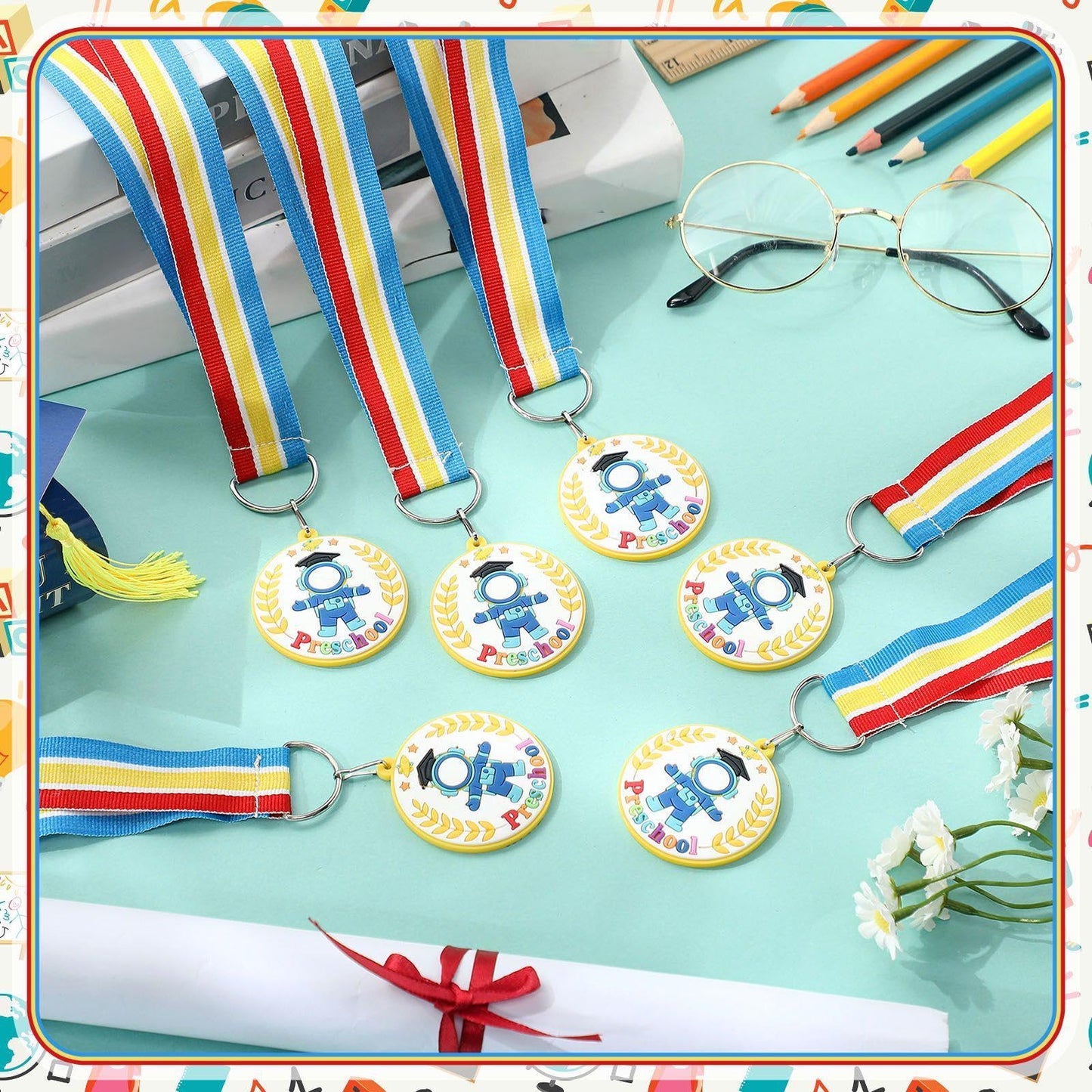 Landical 6 Pcs Preschool Pre-k Graduation Medal for Kids Bulk with Rainbow Neck Ribbon Kindergarten Grad Award Medals for School Students Grad Gifts Party Decorations(Frog)