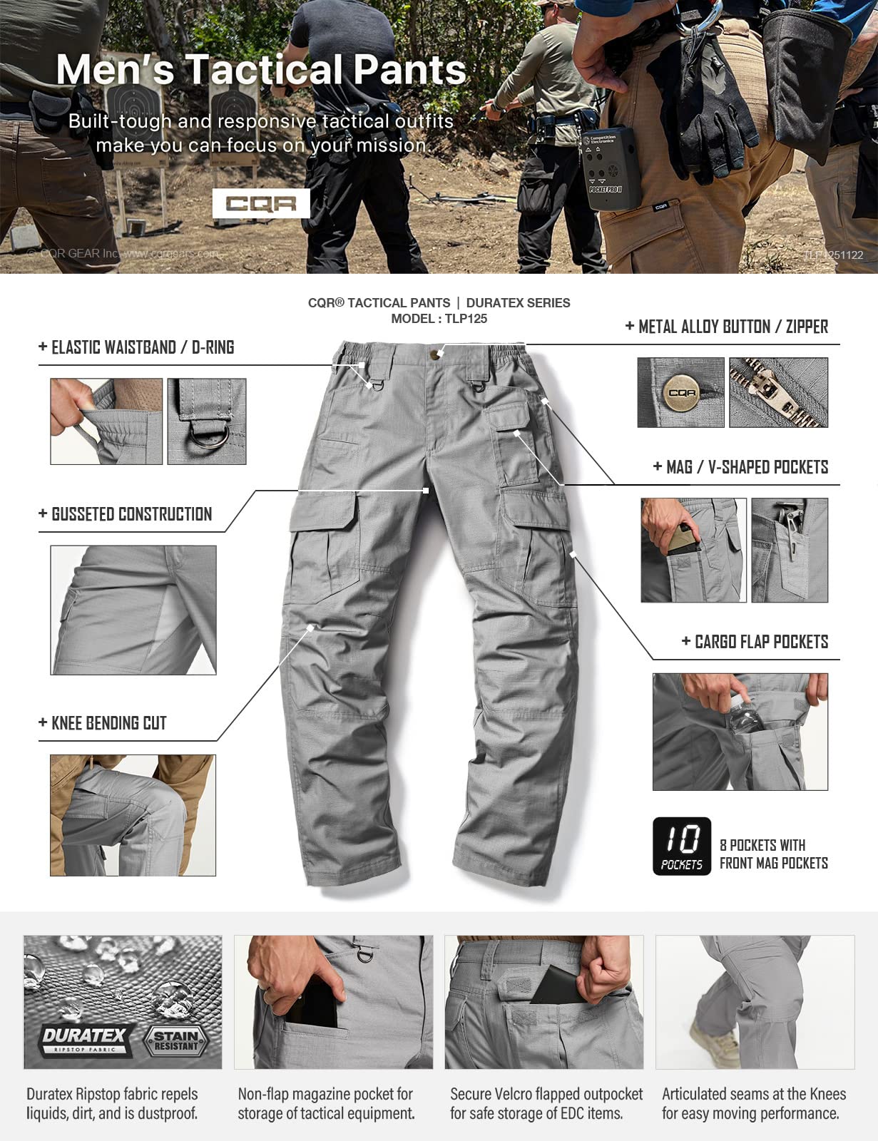 CQR Men's Tactical Pants, Water Resistant Ripstop Cargo Pants, Lightweight EDC Work Hiking Pants, Outdoor Apparel, Duratex Mag Pocket Stone, 32W x 30L