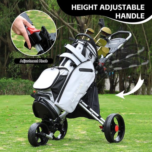 Lakehood Golf Push Cart - 3 Wheel Golf Cart for Easy Transport & Storage, Height-Adjustable Handle for All Ages, Push Golf cart - Perfect for Golf Courses & Practice Sessions (Black)