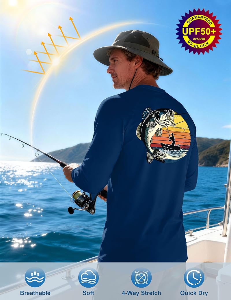 FISHEAL Men’s UPF 50+ Rash Guard Long Sleeve Fishing Shirt - Lightweight Quick Dry, 01-bass