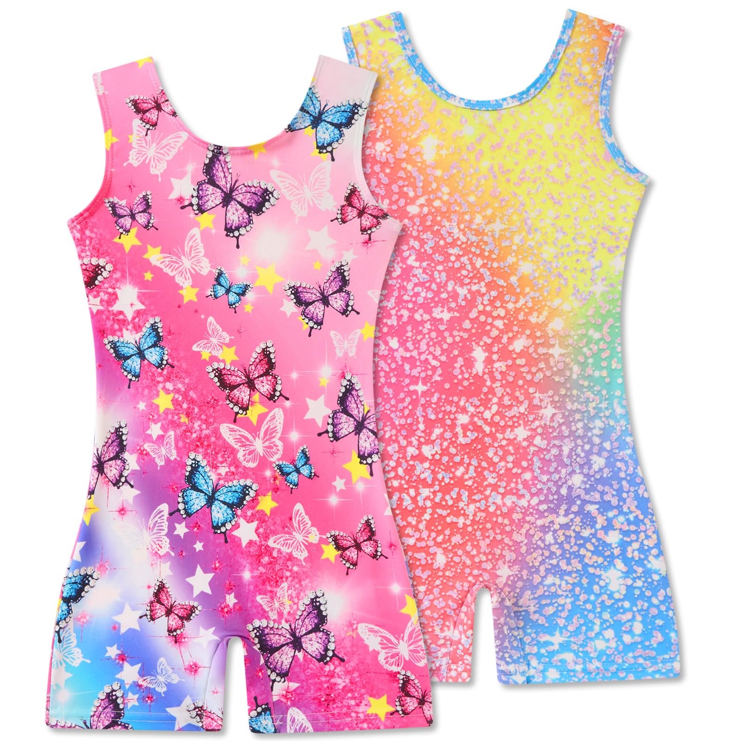 Taubow 2 Packs Leotards for Girls Size 7-8 Gymnastics Outfit Rainbow Butterfly Leotard Biketard with Shorts Tumbling Outfit