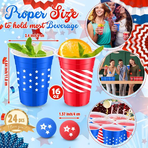 Foilswirl 32 Pcs 4th of July Party Game Set Include 16oz Patriotic 4th of July Plastic Cups with 8 Balls Red White Blue Cups for Independence Day Party Decor Juice Beverage Outdoor Toss Game Supplies