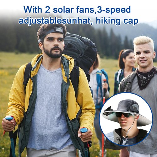 Wide Brim Solar Fan Outdoor Fishing Hat, 2 Solar Fan Hats for Men, Hat with Solar Fans Built in, Fishing Hat with Fan for Men (US, Alpha, One Size, Big, C)