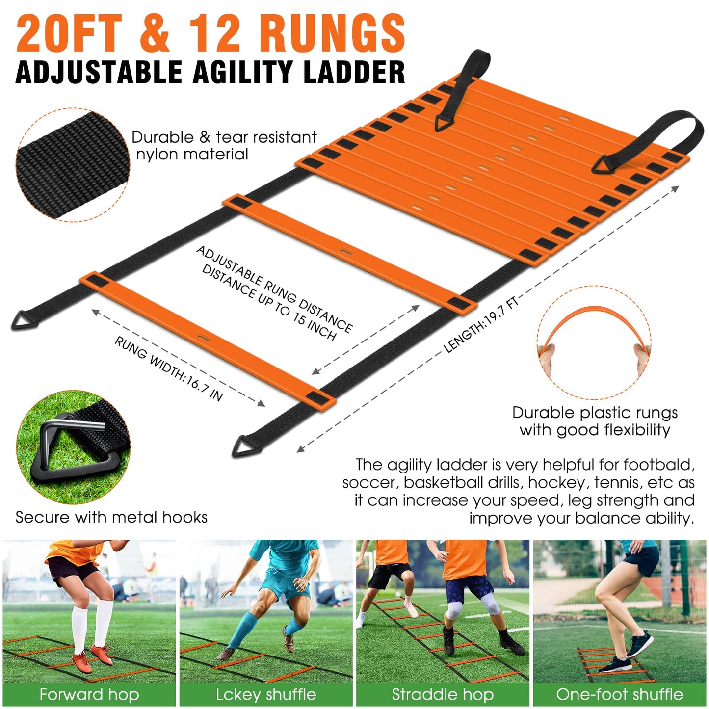 X-UMEUS Agility Ladder Speed Training Equipment Set-20ft Agility Ladder,12 Soccer Cones,4 Hurdles, Jump Rope, Running Parachute| Basketball Football Soccer Training Equipment for Kids Youth Adults