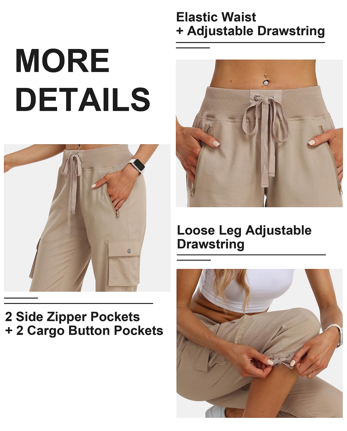 MoFiz Women's Hiking Capris Pants Lightweight Quick Dry Running Athletic Casual Outdoor Cargo Pants for Women Zipper Pockets Khaki XS