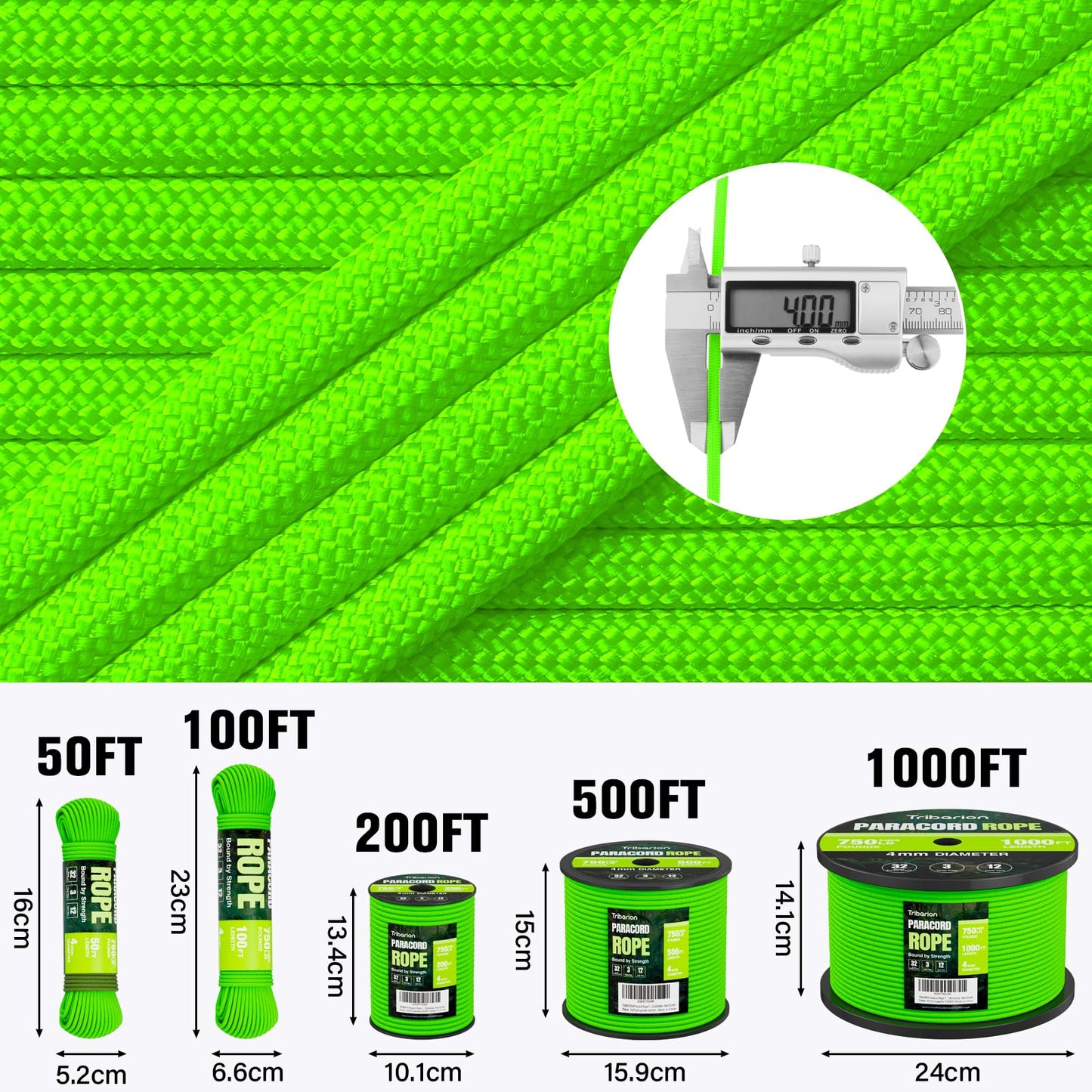 TRIBERION Paracord Rope 750 lb - 1000ft 5/32" Parachute Cord 4MM 12-Strand para Cord - Heavy Duty Spool String for Survival,Camping Gear, Survival Bracelet, Clothesline - Neon Green