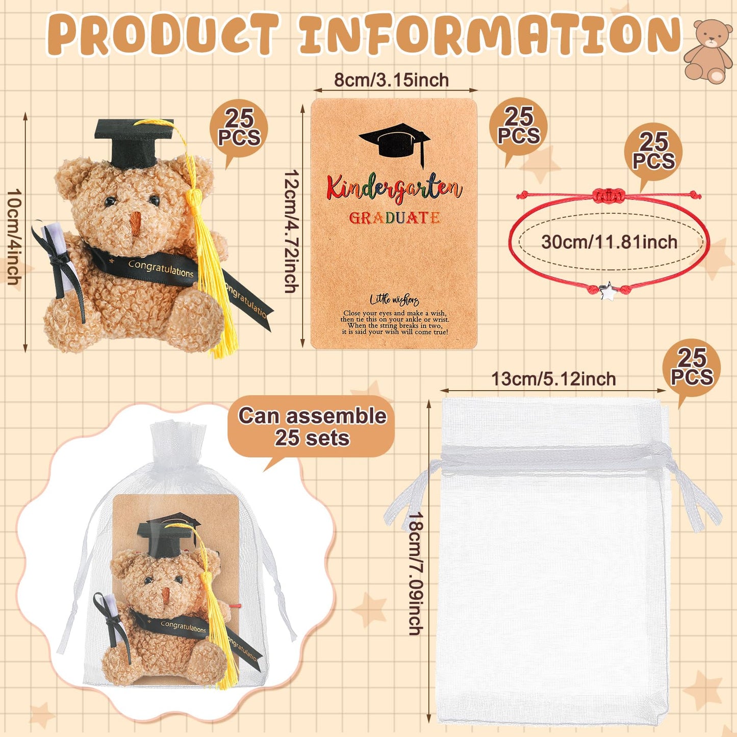 Motionchic 50 Pcs 2026 Kindergarten Graduation Bear Bulk Set with 25 Graduation Gift Mini Stuffed Bears 25 Wish Bracelet Organza Bag Card for Kid Child Kindergarten Class of 2026 Party Favors(Black)