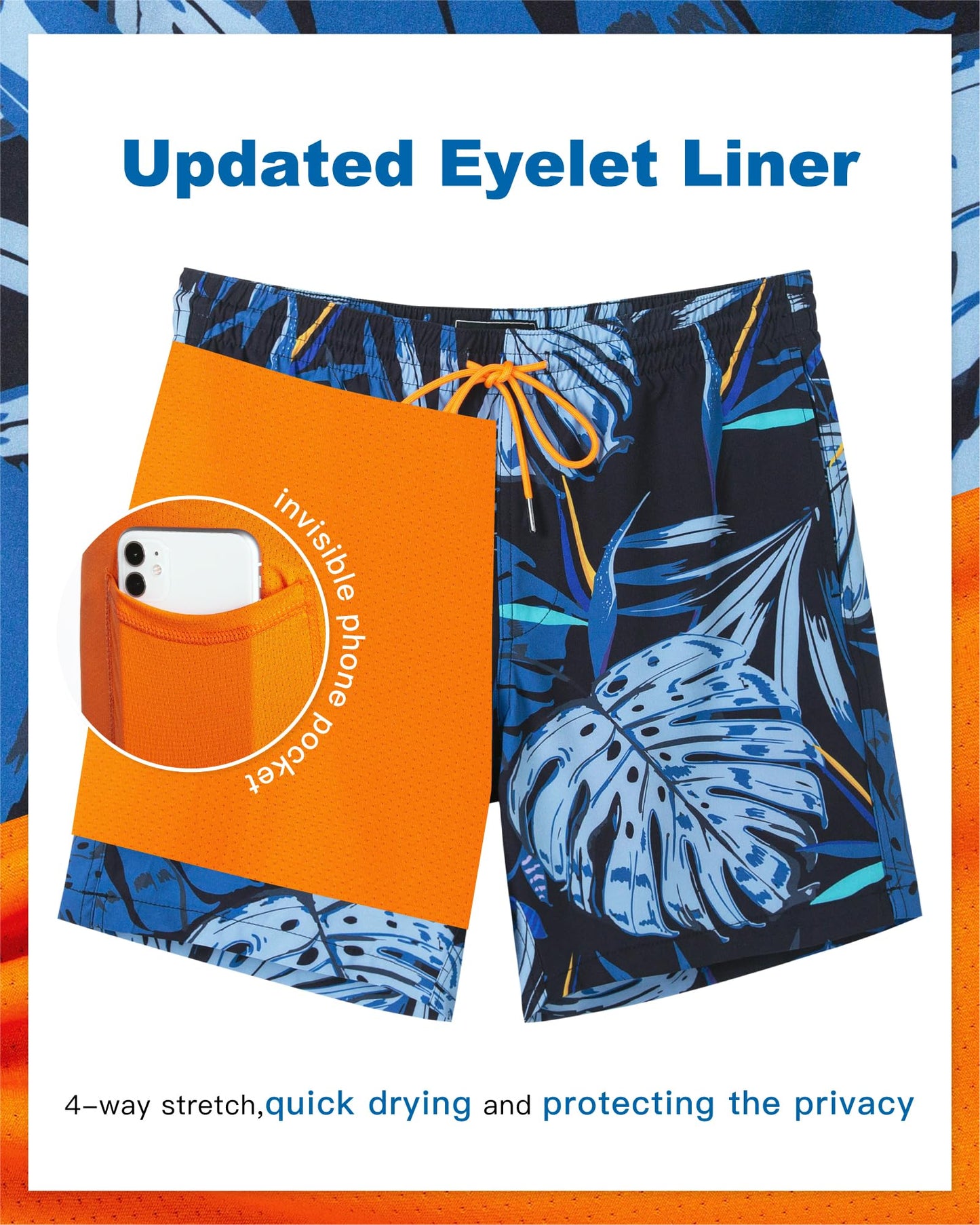 SURF CUZ Mens Swim Trunks with Compression Liner Quick Dry Swim Shorts 7" Swimming Trunks Stretch Bathing Suit Zipper Pockets,Surf Palms,XXL