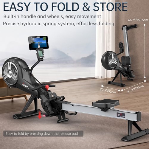 Rowing Machine for Home JOROTO Air Magnetic Rowing Machines for Home Foldable with 49.5" Rail, Backlit Monitor, Bluetooth, App Supported, Tablet Holder Rower Machine