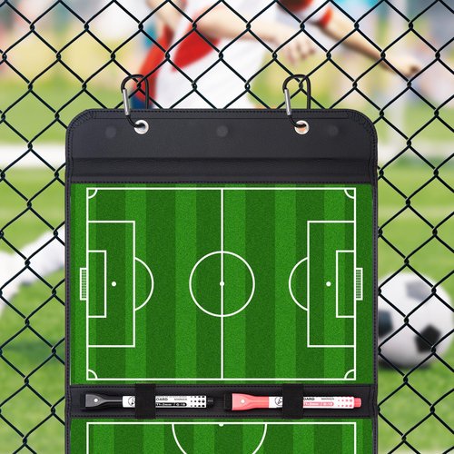 WISYOK Leather Covered Magnetic Soccer Lineup Board, Foldable and Portable Clipboard for Coaches with 48 Cards, 2 Markers, 4 Hooks and 1 Organizer Bag