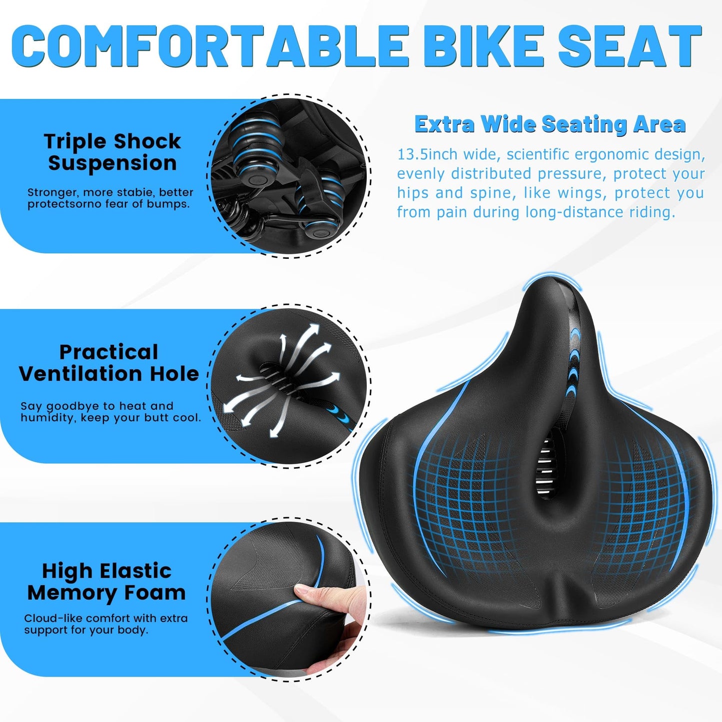 CDYWD Oversized Bike Seat for Men & Women Comfort, Extra Wide Bicycle Seat Cushion, Comfortable Soft Padded, Large Replacement Saddle for Peloton, Stationary Exercise Bike, Cruiser, City Bike, Ebike