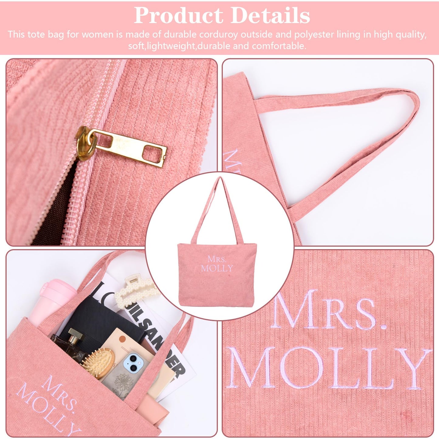 Corduroy Tote Bag for Women, Initial Tote Bag, Personalized Zipper Shoulder Bags Embroidered with Letter, Monogrammed Travel Handbags, Gift for Birthday, Bachelorette, Wedding Faver（Pink