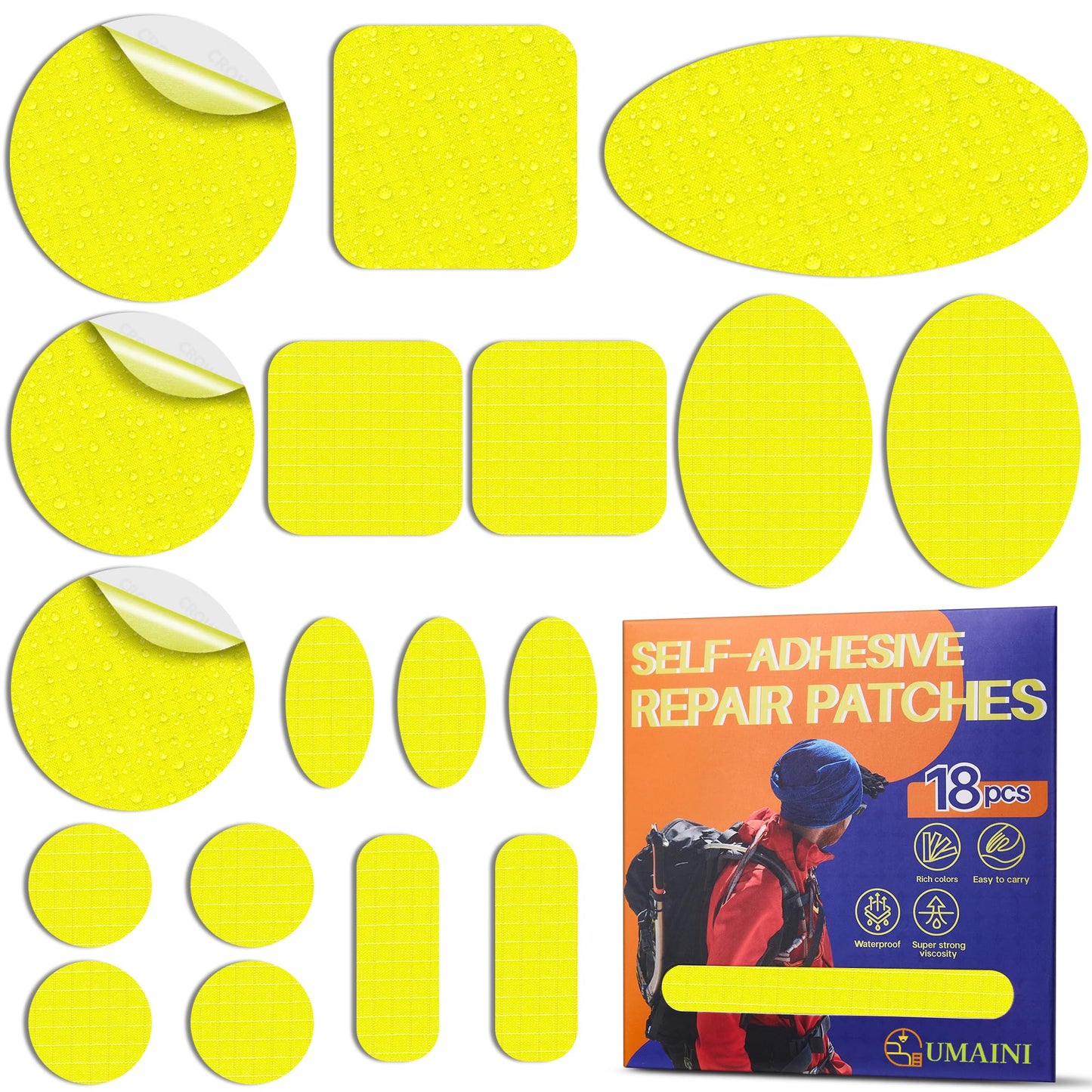 umaini Down Jacket Repair Patch Kit, Outdoor Gear Tenacious Repair Tape, Self Adhesive Fabric Patches for Clothes, Waterproof Ripstop Nylon Fabric Patch for Puffer Jacket, Coat, Tent (18 Pcs, Yellow)