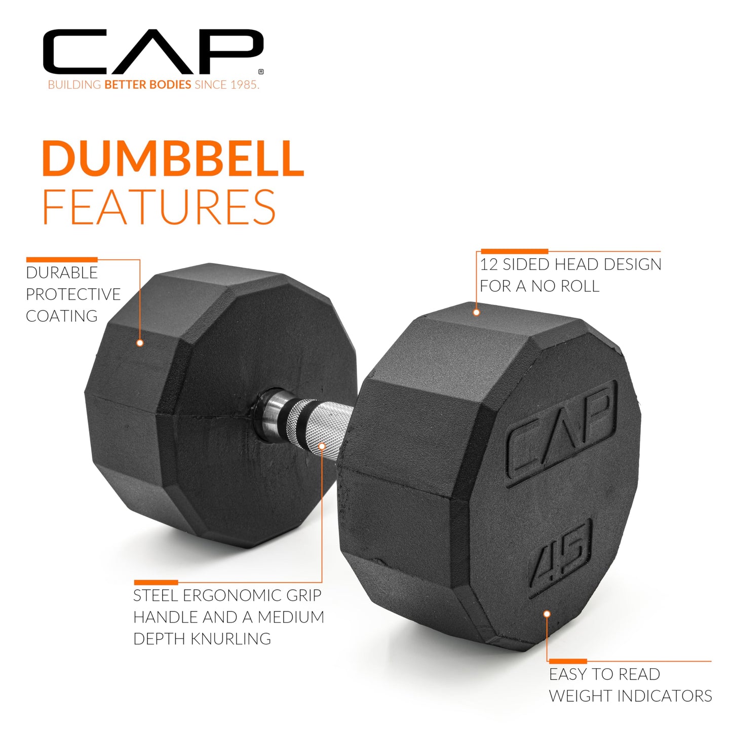 CAP 45 LB 12-Sided Rubber Coated Dumbbell Weight, Rubber Free Weights for Home Gym Strength Training, Chrome Handle, Pair
