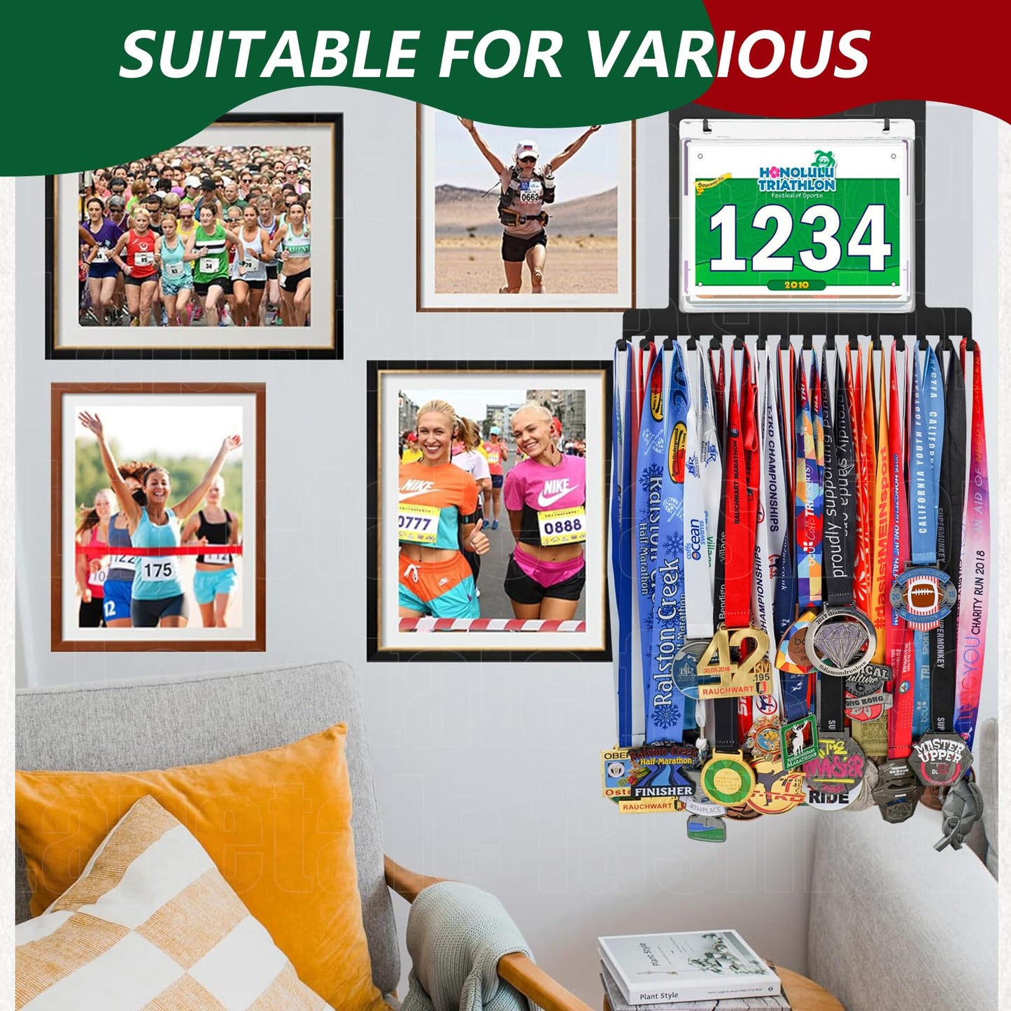 Lapetale Fashion Race Bib and Medal Display,Marathon Medal Display and Runner Medal Hanger Display,Bib Running Medal Display, Running Medal Hanger Display,Medal Holder for Wall,Gifts for Runners16