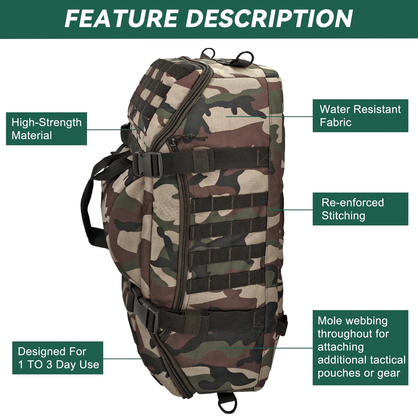 Hannibal Tactical 65L Large Duffle Bag, 3-in-1 Tactical Backpack MOLLE Pack for Gym, Sports, Outdoor, Woodland