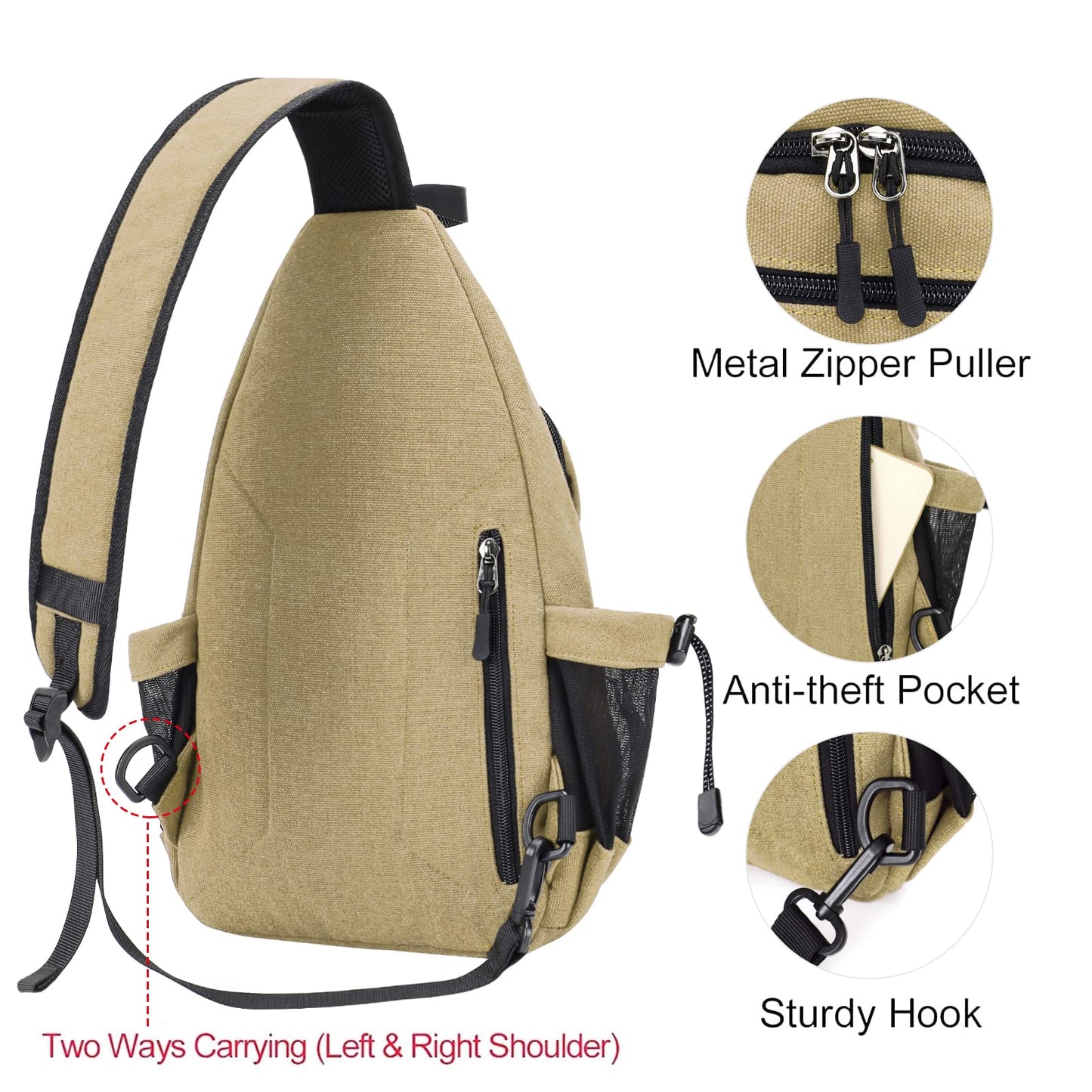 MOSISO Crossbody Sling Bag for Women, Shoulder Backpack, Hiking Daypack Bag, Khaki
