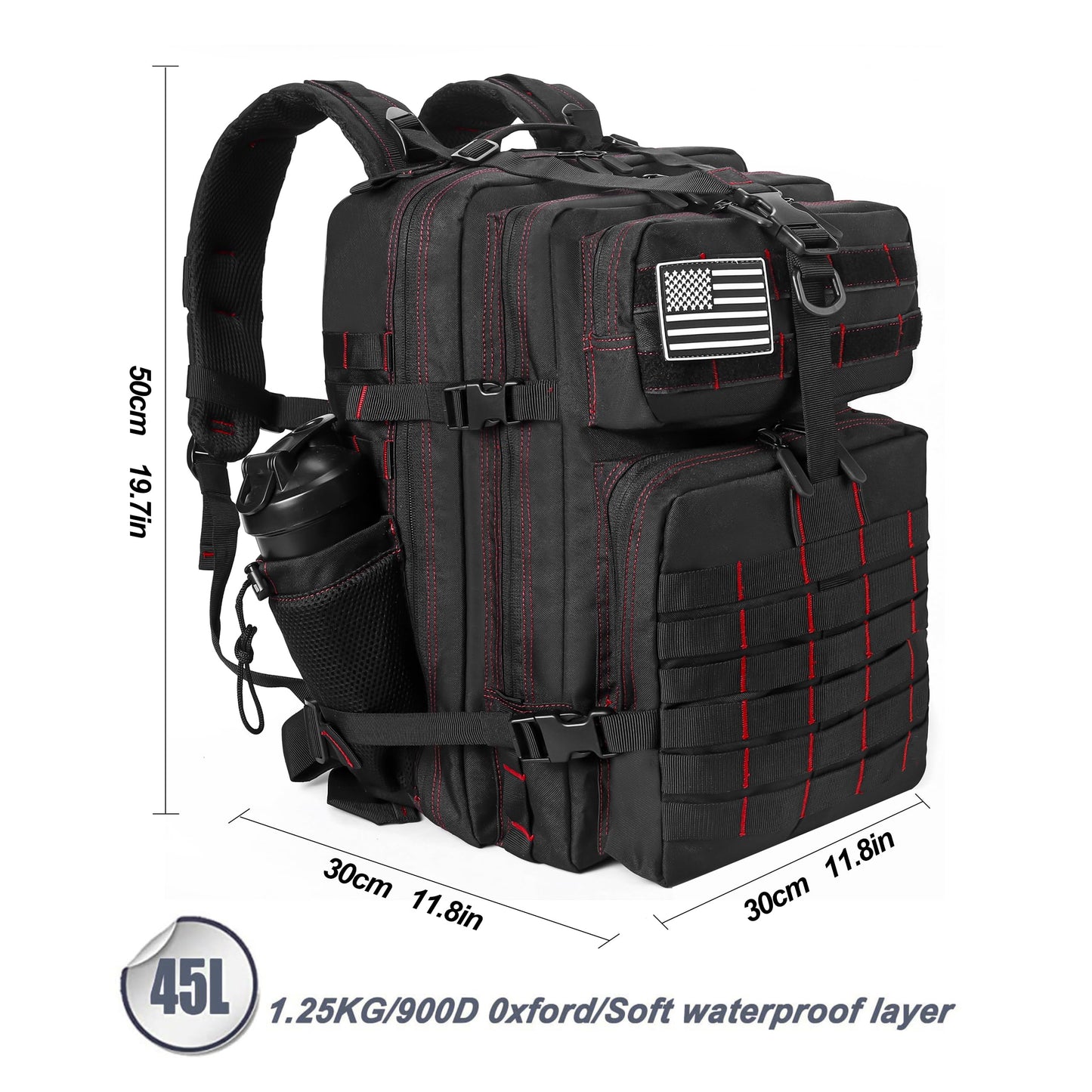 LHI Military Tactical Backpack for Men and Women 45L Army 3 Days Assault Pack Bag Large Rucksack with Molle System - Black With Red Line