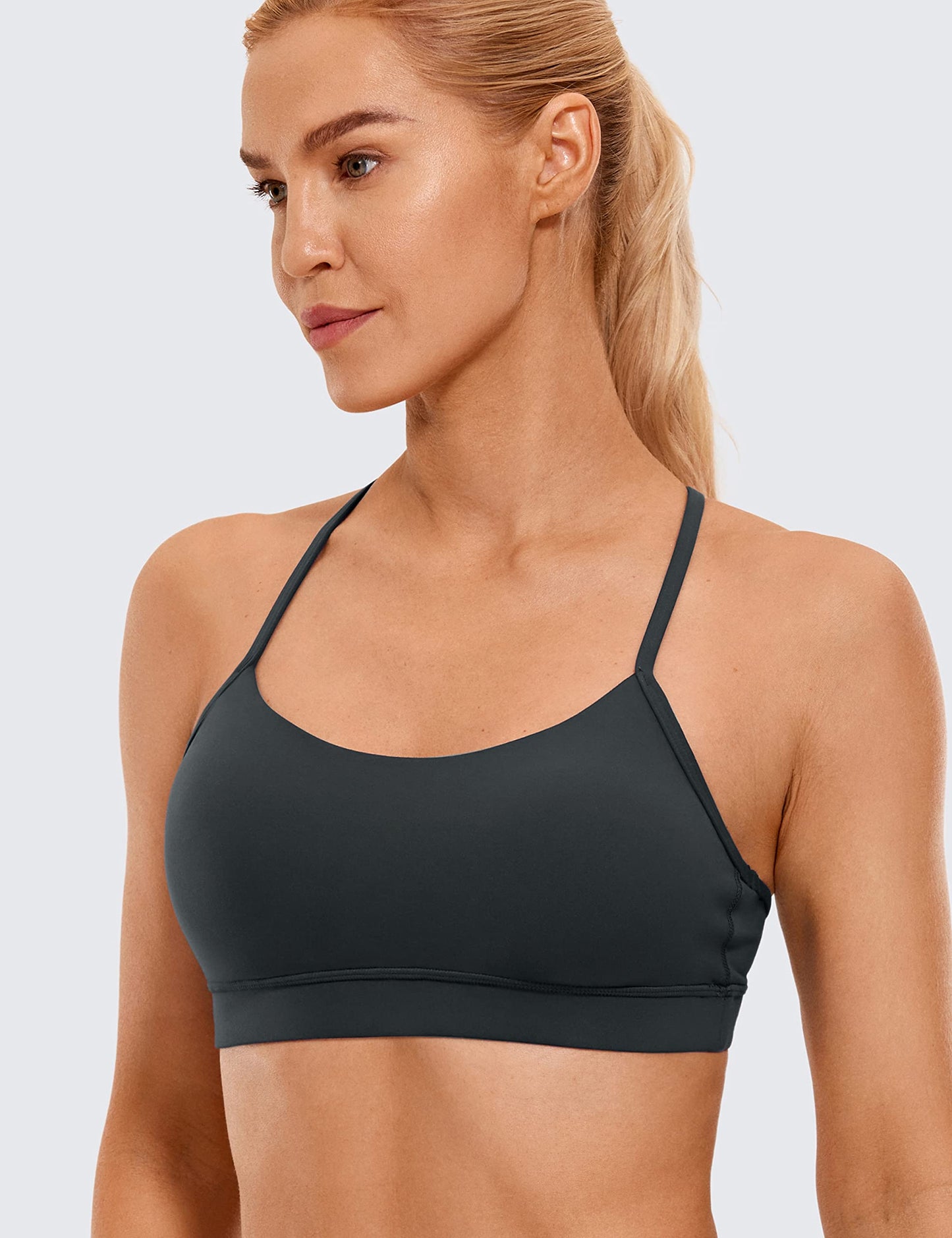 CRZ YOGA Butterluxe Y Back Sports Bras for Women - Padded Racerback Low Impact Spaghetti Thin Strap Workout Yoga Top Melanite Medium