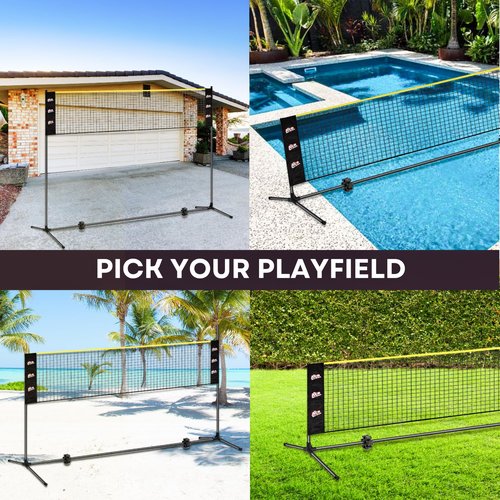 Ace Birdies Complete Badminton Sets (10FT/17FT) Adjustable Width, Adjustable Height (2.8/5.1/7.4FT), Badminton Pickleball Volleyball Set with Net, 4Racket+4Paddels+Volleyball for Outdoor Family Game.