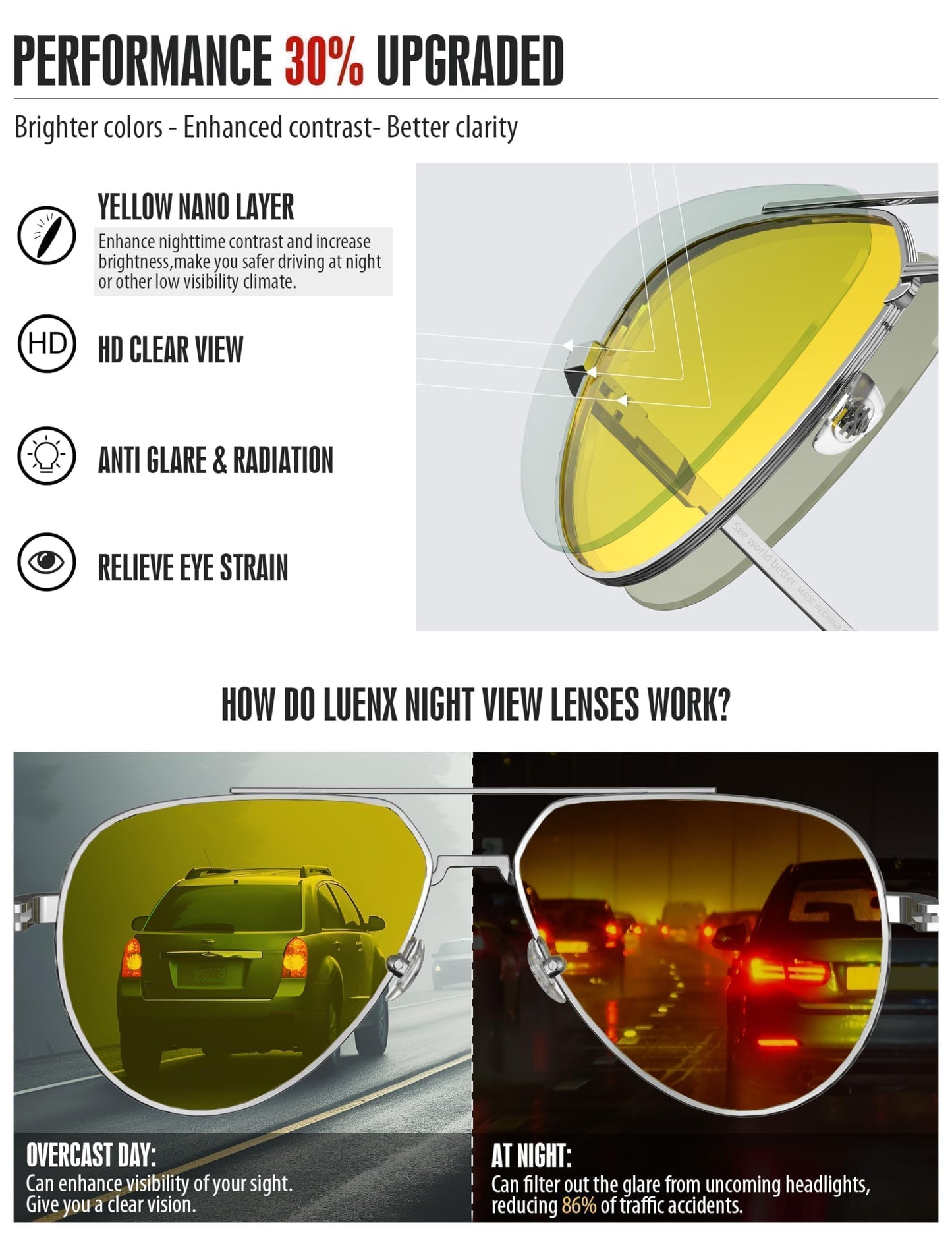 LUENX Night Vision Glasses,Aviator Polarized Sunglasses for Men Women Driving Yellow Lens Silver Frame Anti Glare Clear Sight 60MM
