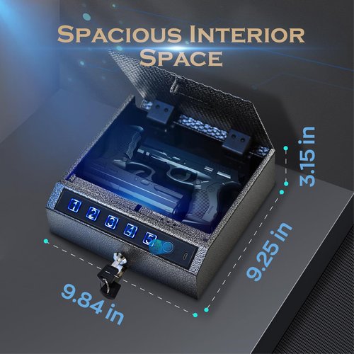 Peilux Gun Safe, Biometric Gunsafe for 2 Pistols, Fingerprint, Digital PIN and Key 3 ways Unlock, Handgun Safe Lock Box for Home Bedroom Nightstand and Car, Metal Case, USB-C Charging, Rechargeable
