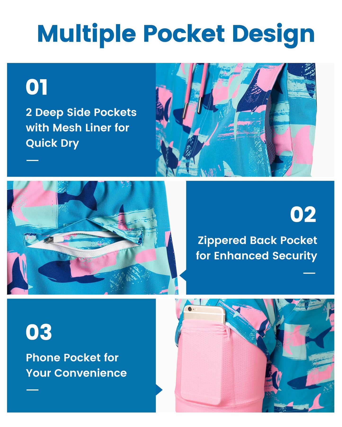 maamgic Mens Swim Trunks with Compression Liner 7 Inch Inseam Mens Bathing Suit Quick Dry Swimming Trunks Swimsuit Shark Blue Pink X-Large