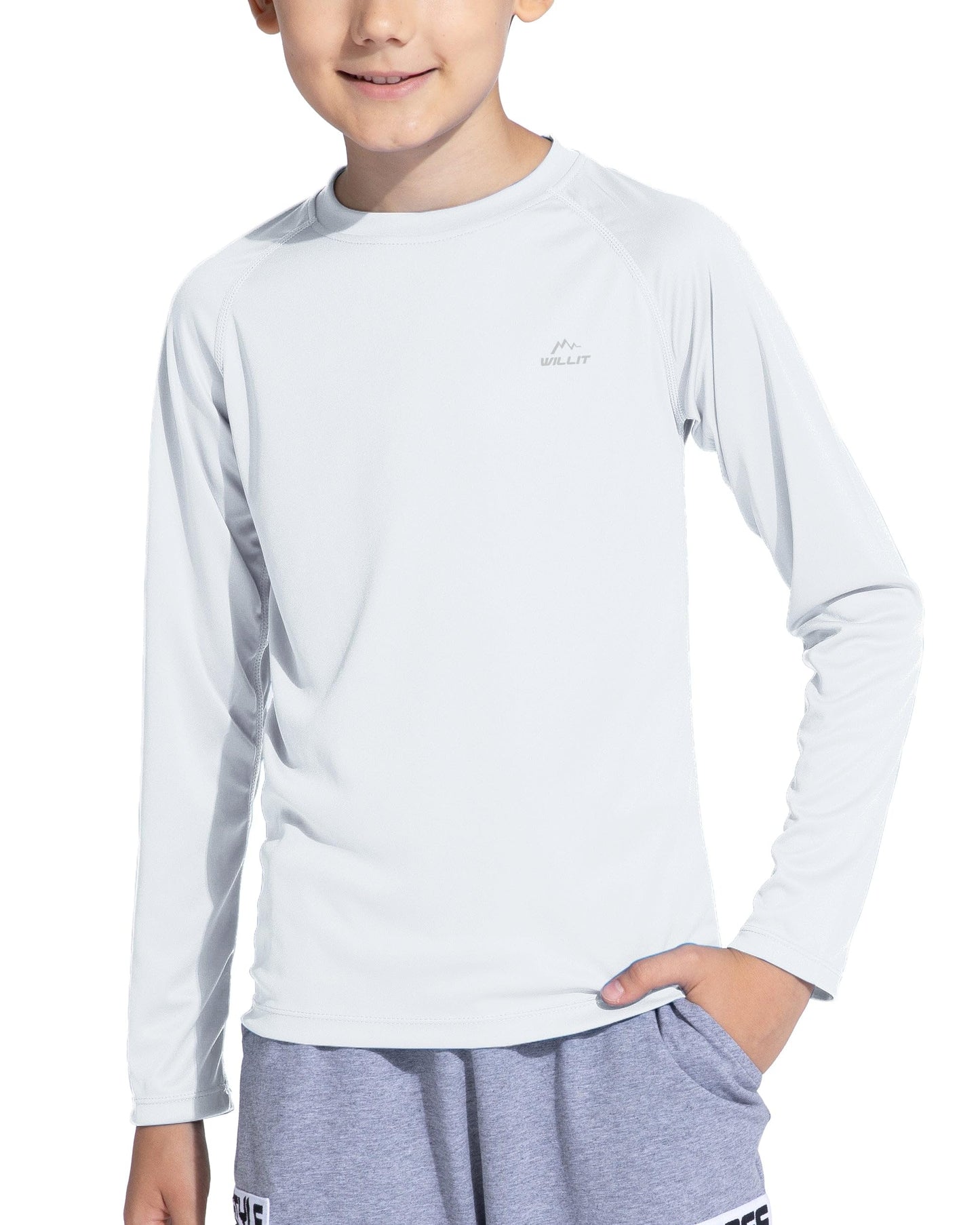 Willit Boy's UPF 50+ Sun Protection Shirt Long Sleeve Rash Guard Swim Shirts Youth SPF Fishing Quick Dry Shirt White L