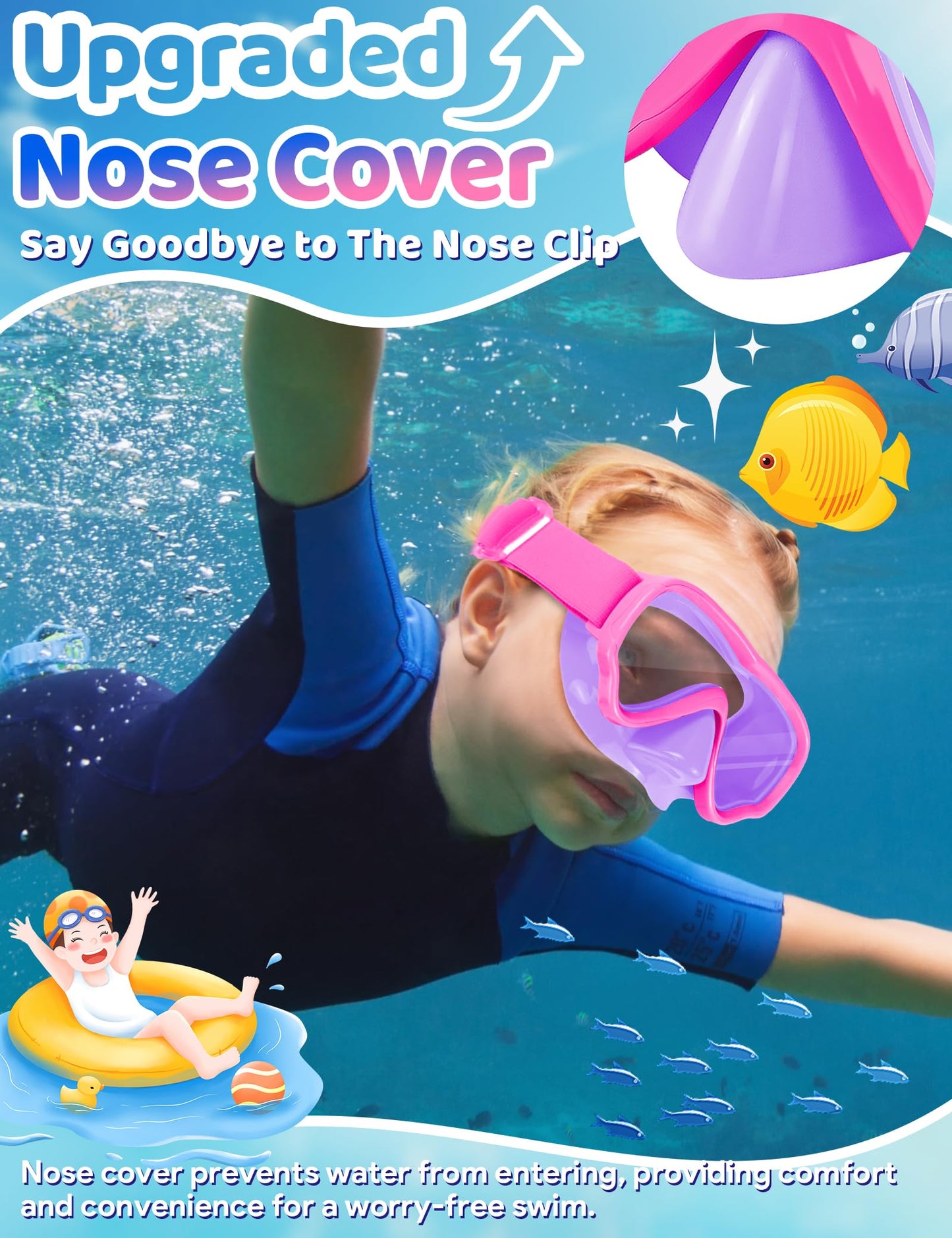 Vvinca Kids Swim Goggles with Nose Cover, Snorkel Diving Mask Fabric Strap Anti Fog Anti Shattered Lens Goggles for Kids 3-15