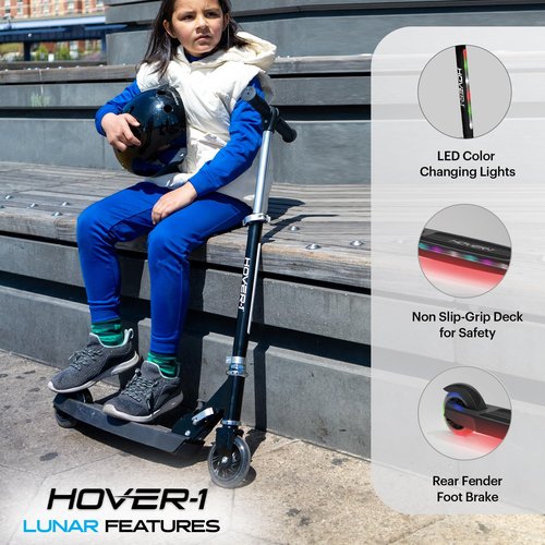Hover-1 Lunar Kids Folding Kick Scooter with Color-Changing LED Light Up Wheels, Foot Brake, Adjustable Height Handle, and Light Weight Design