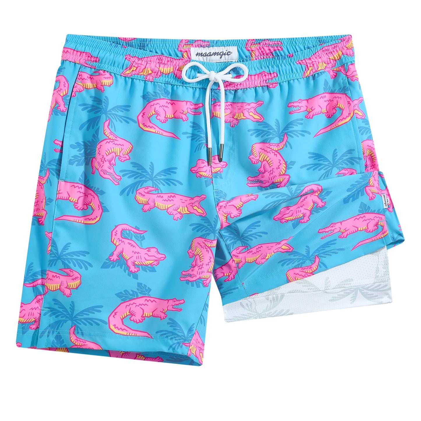 maamgic Mens Swim Trunks with Compression Liner 7 Inch Inseam Mens Bathing Suit Quick Dry Swimming Trunks Swimsuit Blue and Pink Crocodile Large