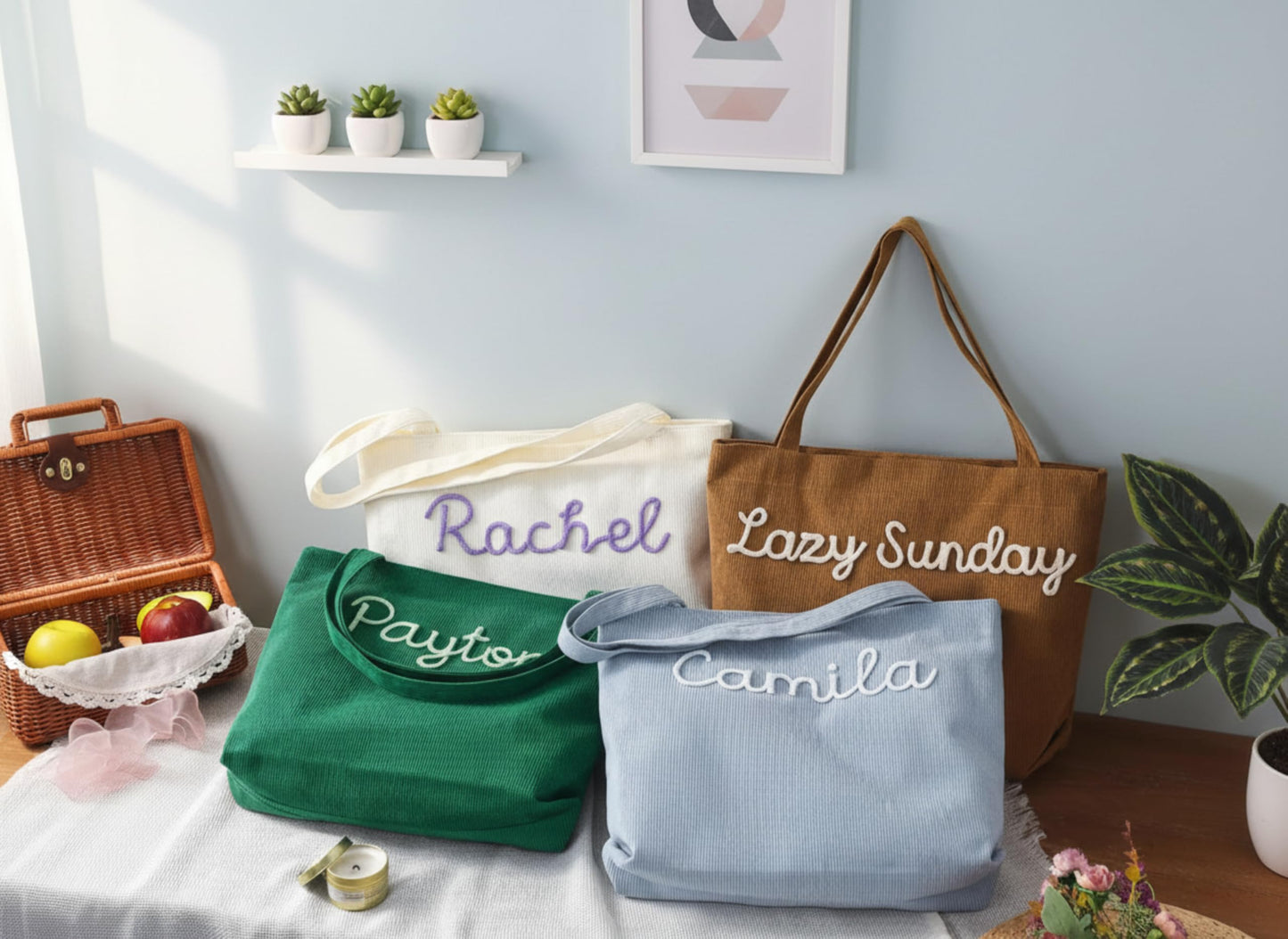 HASAWIN Personalized Embroidered Corduroy Tote Bag - Bridesmaid Gift, Custom Name Tote Bag, Everyday Essential & Weekender, Christmas Gift for Her