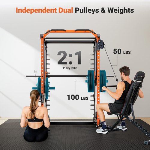 YOLEO Smith Machine with Independent Dual-Pulley System, 1700LBS Adjustable Cable Crossover Squat Rack, Multi-Functional Power Cage for Home Gym with More Workout Equipment LAT Pulldown Bar & Dip Bar