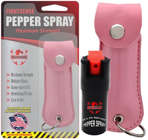 FIGHTSENSE Self Defense Pepper Spray - 1/2 oz Compact Size Maximum Strength Police Grade Formula Best Self Defense Tool for Women W/Leather Pouch Keychain (Pink)