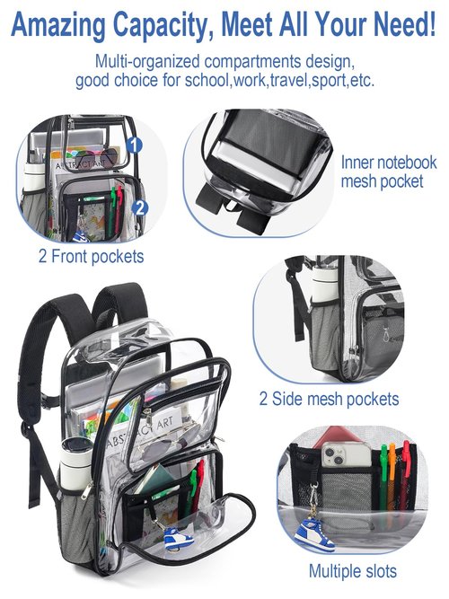 QOECI Heavy Duty Clear Backpack For Women Men Boys Girls, 17 Inch Large See Through Backpack, 360° 3M Reflective Strips Clear Bookbag, Transparent Bag For College Sport Work Travel Security, Black