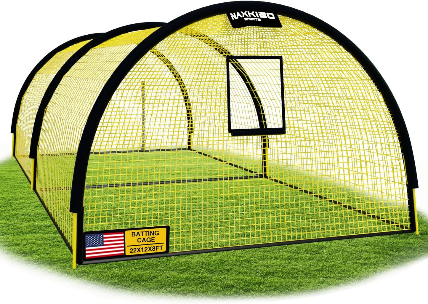 22ft x 12ft x 8ft Baseball Batting Cage Net with Pitching Machine Hole, Portable Batting Cages for Backyard, 4ply Yellow Netting, Zippered Backing Door