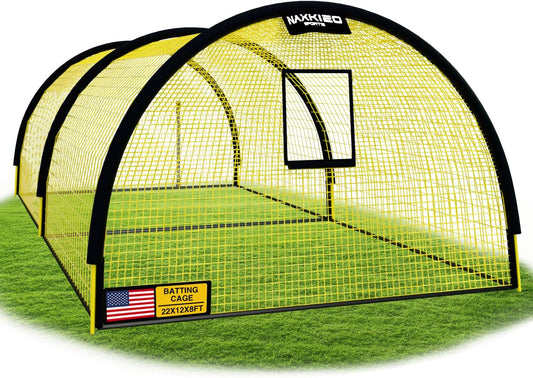 22ft x 12ft x 8ft Baseball Batting Cage Net with Pitching Machine Hole, Portable Batting Cages for Backyard, 4ply Yellow Netting, Zippered Backing Door