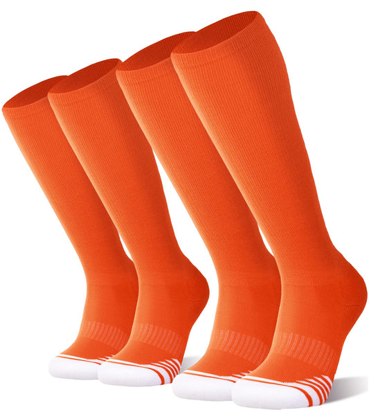 FITRELL 2 Pack Baseball Soccer Softball Socks for Kids Youth Men & Women Over-the-Calf Knee High Socks, Orange, Small