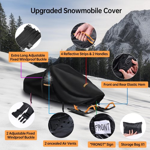 Snowmobile Cover,Heavy Duty 420D Oxford Fabric Sled Ski Cover with 2 Windproof Buckles,Air Vents,Universal Trailerable Snowmobile Storage Cover for Polaris,Ski-Doo,Arctic Cat,Yamaha,Lynx,Camso,CFMOTO