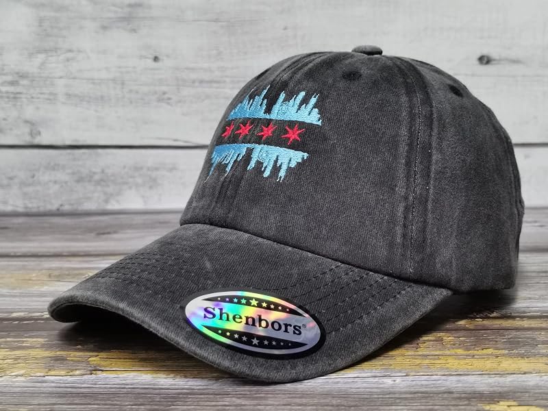Chicago Illinois Skyline Flag Baseball Cap - Washed Black, Unisex, One Size