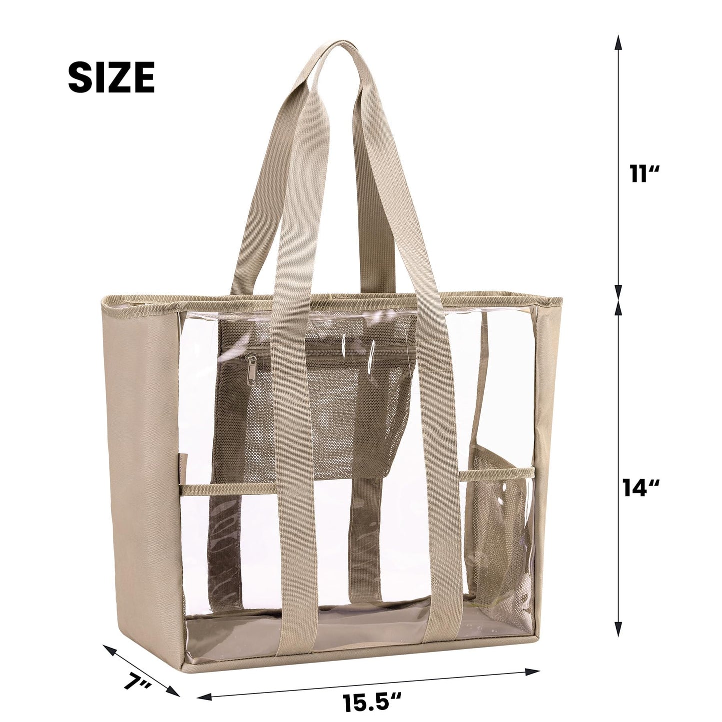 BORMELUN Women's Clear Bag Tote for Work Stadium Events Travel, Heavy Duty Purse Transparent Plastic see through Handbag with XL Capacity,Khaki
