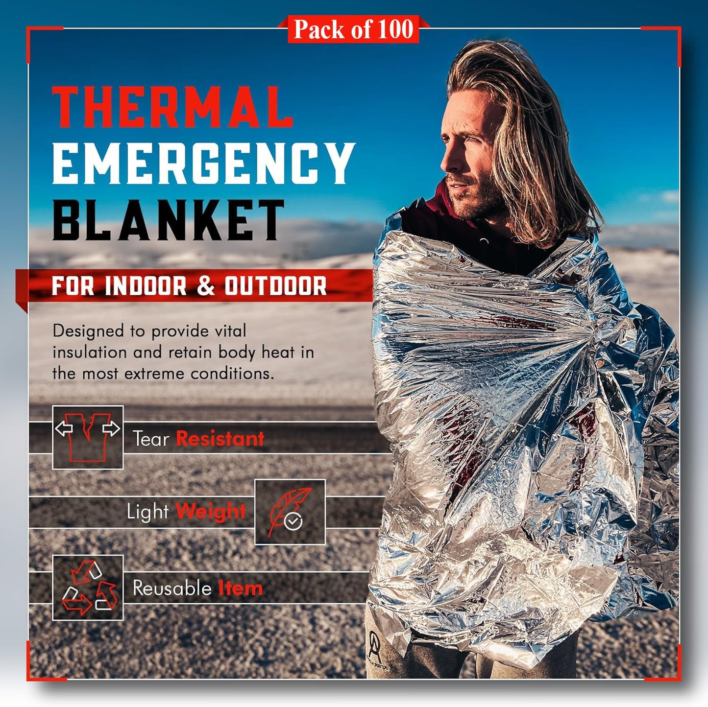 Emergency Blanket Mylar Thermal Space Survival Gear & Supplies 100-Pack