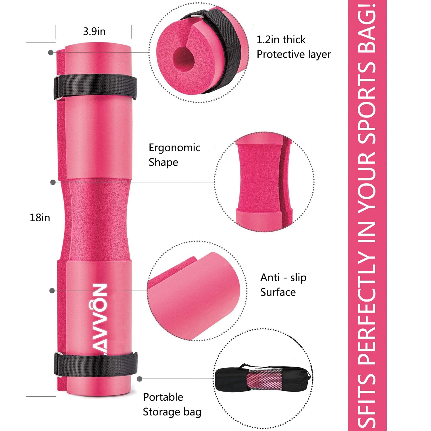 Squat Pad - Foam Barbell Pad for Squats Cushion, Lunges & Bar Padding for Hip Thrusts - Standard Weight Bar Pad - Provides Cushion to Neck and Shoulders While Training (Pink)