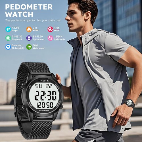 TIMEURE Men's Pedometer Watch with Stainless Steel Bracelet, Step Counter Watch, No App, No Charging Needed for Outdoor Walking, Calorie, Distance, Alarm, Countdown Timer TU-2306B