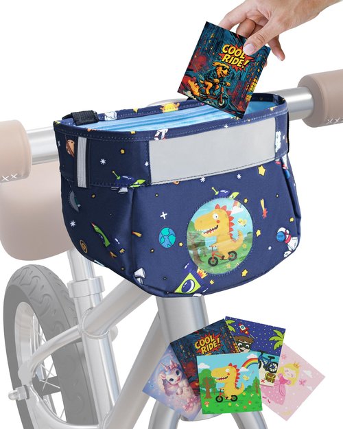 JOZidea Kids Bike Basket – Safety Reflective Strap Design on Bike Basket Front – Clear Front Window with 5 Swappable Cards – Cute Scooter & Bicycle Bag for Boys Girls Toddlers (Space Ride)