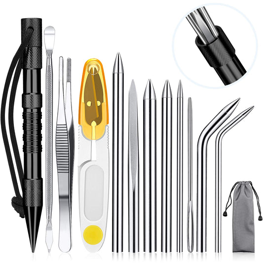 Ferraycle 12 Pcs Paracord FID Set Stainless Steel Knotter Tools Marlinspike Set Paracord Stitching Lacing Stitching Needles and Smoothing Tool Knotter Work Tools for Leather Weaving(Black)
