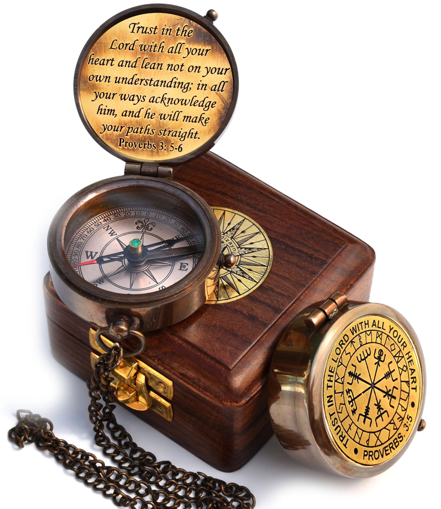 Trust in The Lord-Proverbs 3: 5-6 Quote Engraved Compass with Wooden Box, Greeting Card Included-Viking compass-Gift Compass-Christian, 2025 Graduation Day Gifts-Baptism Gifts for Women Mens Boy Girls
