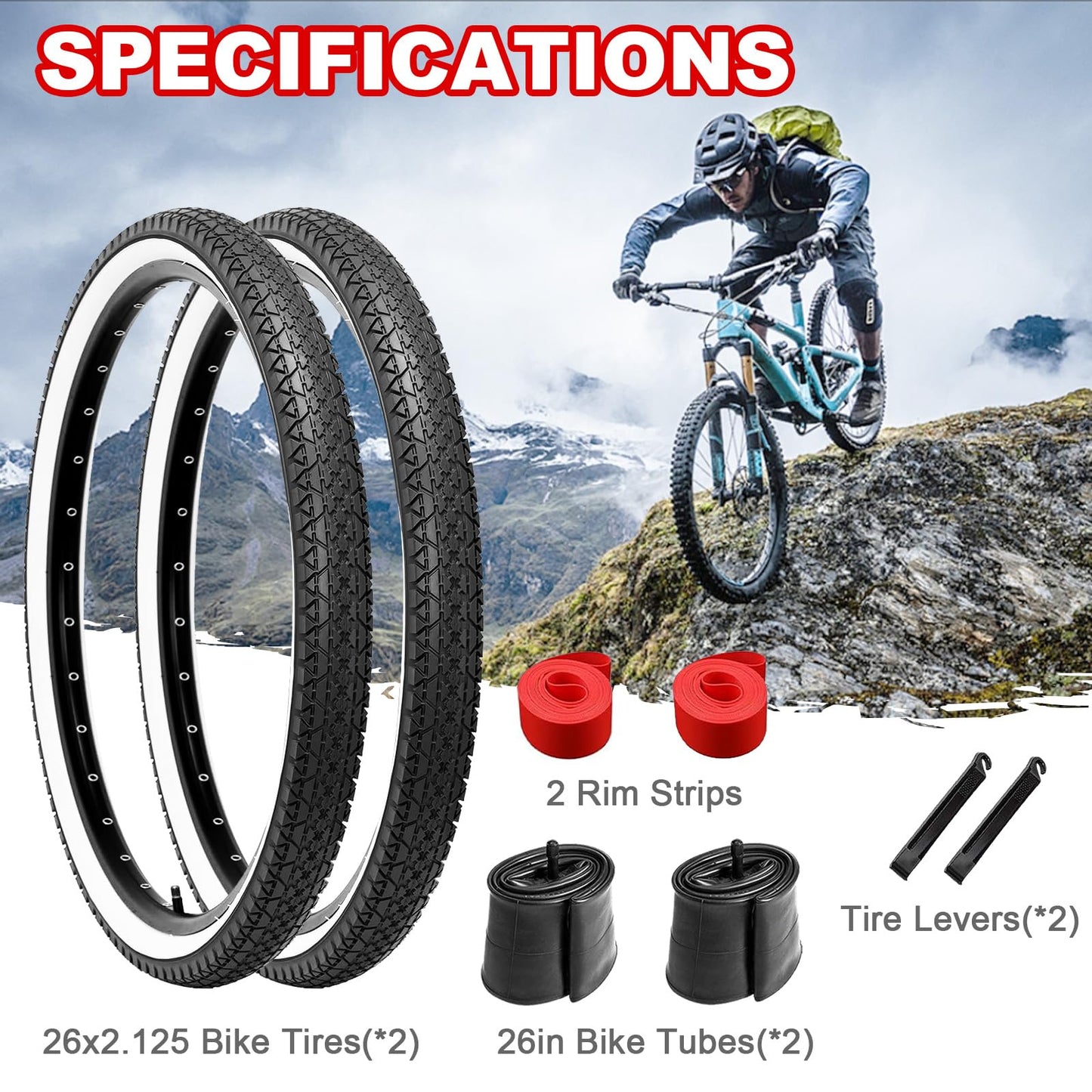 2-Pack Bike Tire, 26x2.125 Inch Folding Replacement Bicycle Tires and Pair 26-inch Inner Tubes with Tire Levers for Beach Cruiser Urban City Commuter Bike - White Walled (Black)