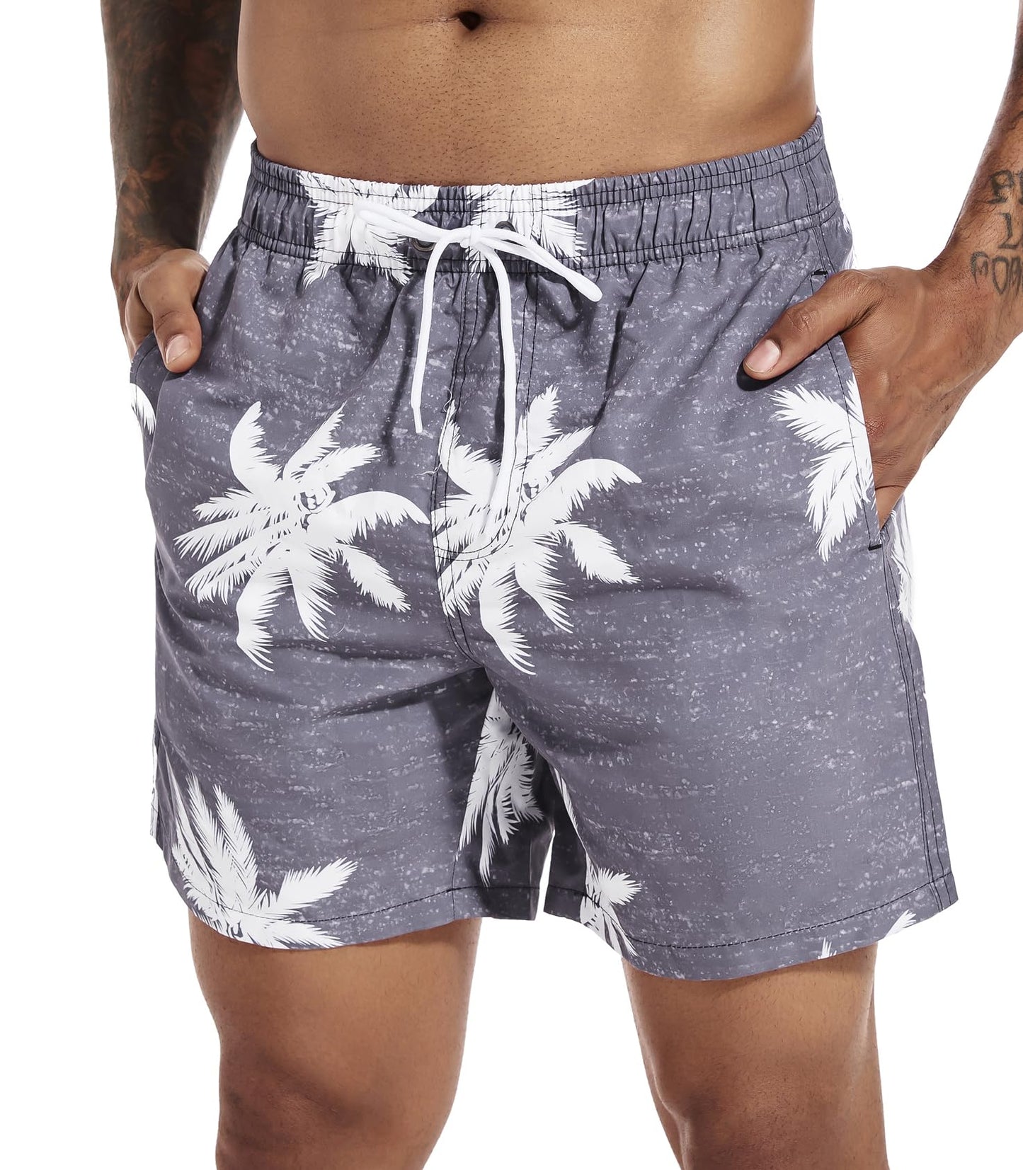 SILKWORLD Mens Swim Trunks Quick Dry Bathing Suit Shorts with Mesh Lining, Palm Leaf(Grey), Medium