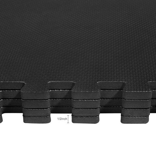 Exercise Mat with EVA Foam Interlocking Tiles for MMA, Exercise, Gymnastics and Home Gym Protective Flooring, 24 x 24 inches, 1/2 Inch Thick, Black, for Home Gym (Black, 24 Square Feet)